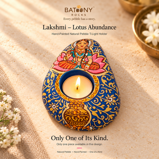 Lakshmi: Lotus Abundance hand-painted natural pebble tealight holder, on a warm stone surface