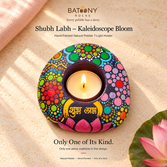 Shubh Labh: Kaleidoscope Bloom hand-painted natural pebble tealight holder, on a warm stone surface