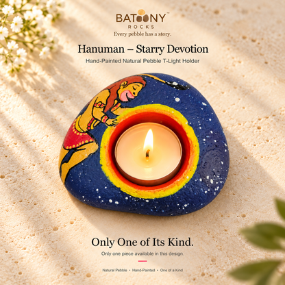 Hanuman: Starry Devotion hand-painted natural pebble tealight holder, on a warm stone surface