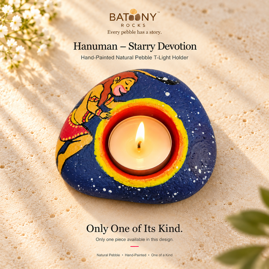 Hanuman: Starry Devotion hand-painted natural pebble tealight holder, on a warm stone surface