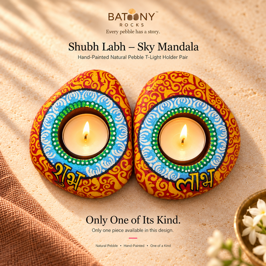 Shubh Labh: Sky Mandala hand-painted natural pebble tealight holder, on a warm stone surface