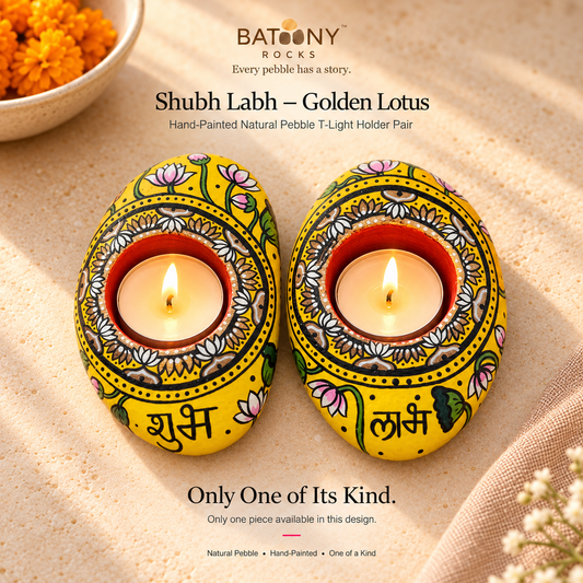 Shubh Labh: Golden Lotus hand-painted natural pebble tealight holder, on a warm stone surface