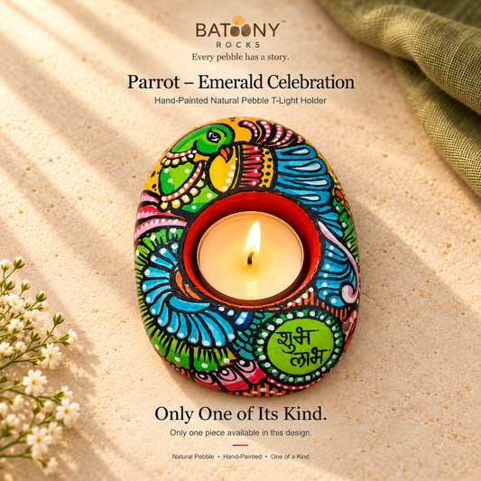 Parrot: Emerald Celebration hand-painted natural pebble tealight holder, on a warm stone surface