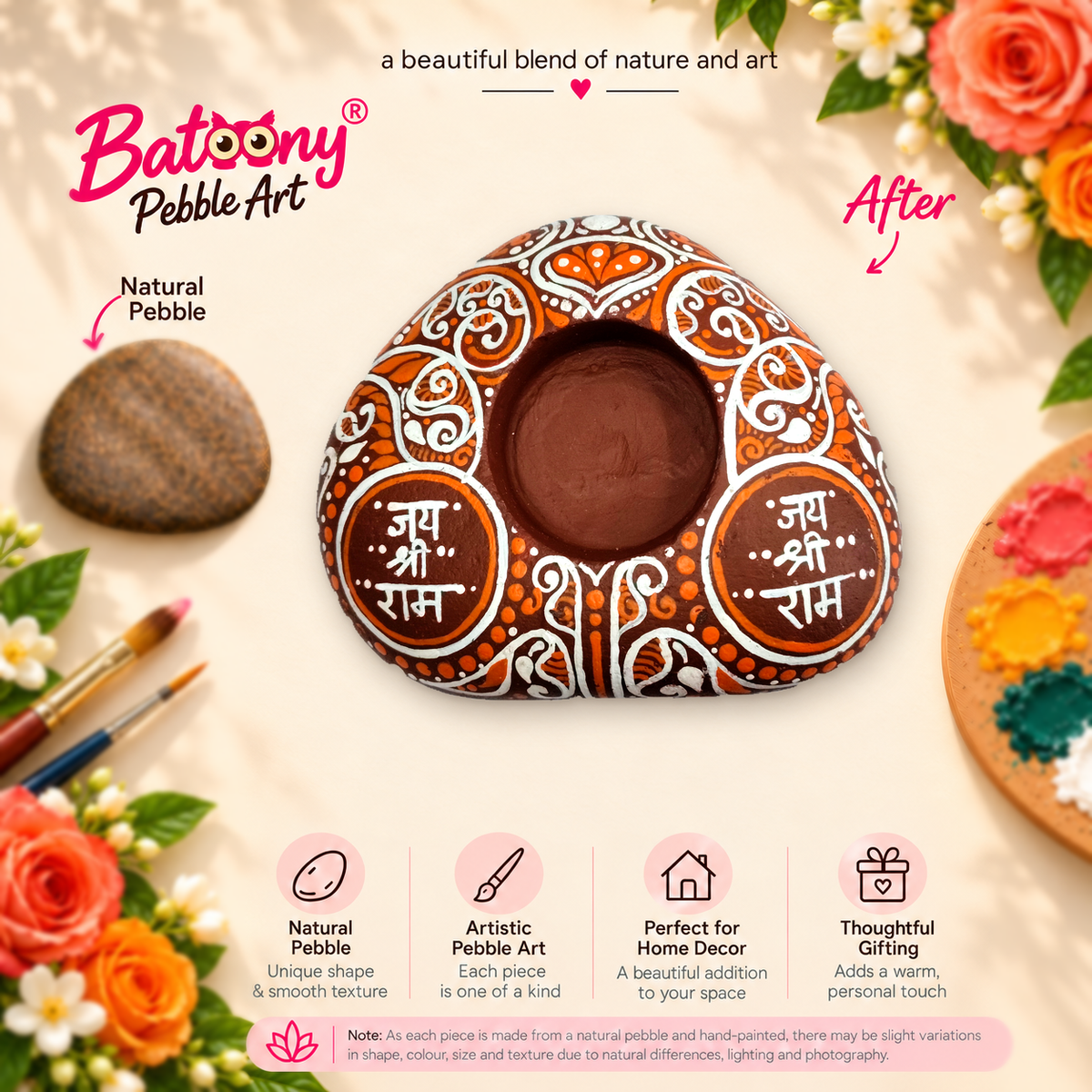 Jai Shri Ram: Terracotta Devotion hand-painted natural pebble tealight holder, full product view
