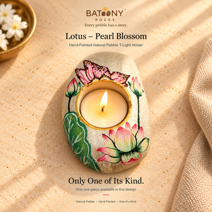 Lotus: Pearl Blossom hand-painted natural pebble tealight holder, on a warm stone surface