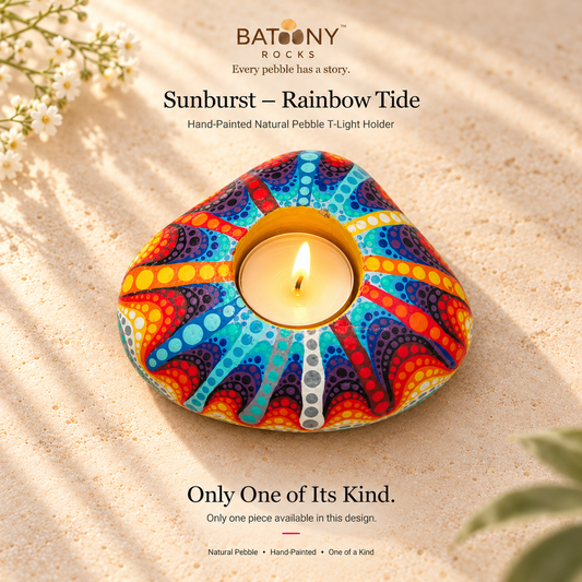 Sunburst: Rainbow Tide hand-painted natural pebble tealight holder, on a warm stone surface