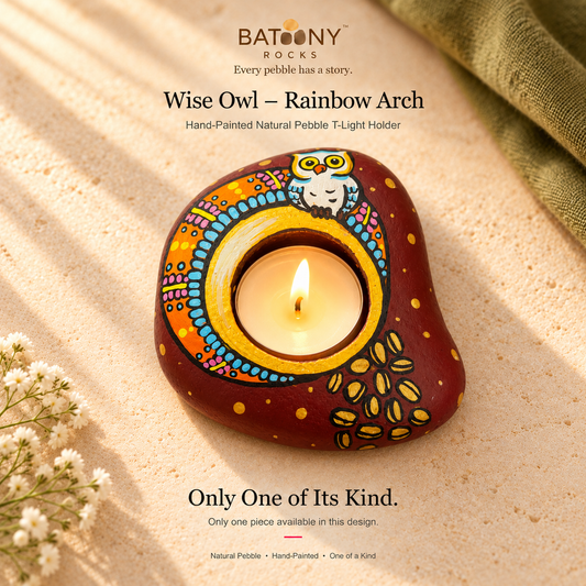 Wise Owl: Rainbow Arch hand-painted natural pebble tealight holder, on a warm stone surface