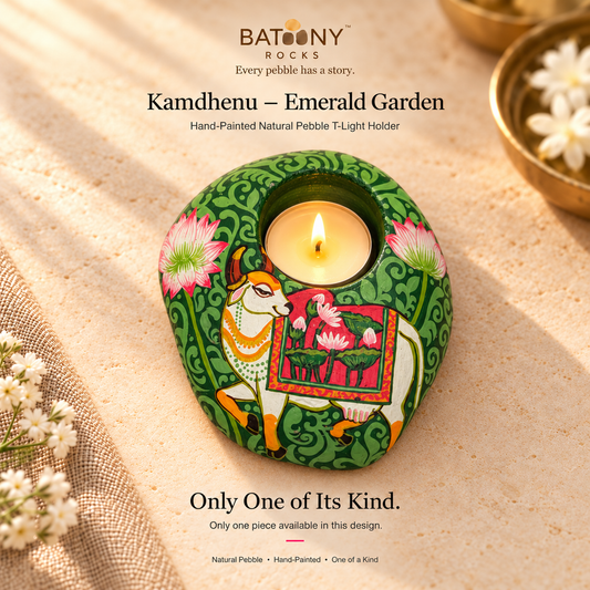 Kamdhenu: Emerald Garden hand-painted natural pebble tealight holder, on a warm stone surface