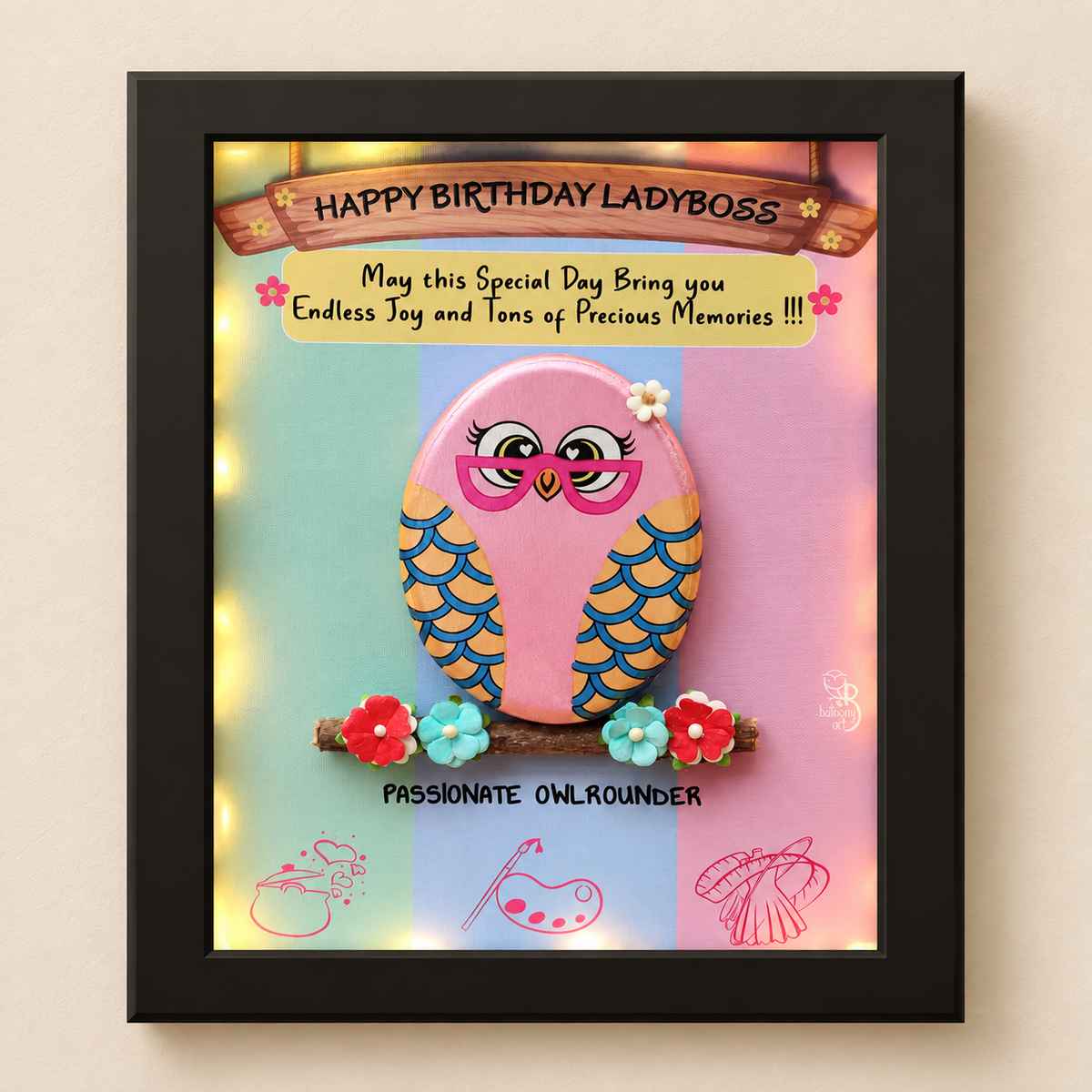 Birthday Birdie Pebble Art - black frame on beige background