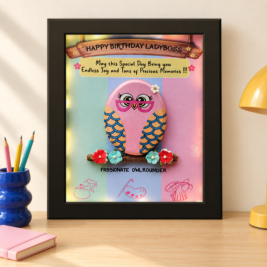 Birthday Birdie Pebble Art - black frame lifestyle on a work table