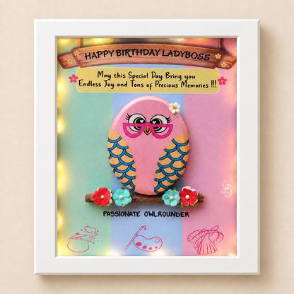Birthday Birdie Pebble Art - white frame on beige background