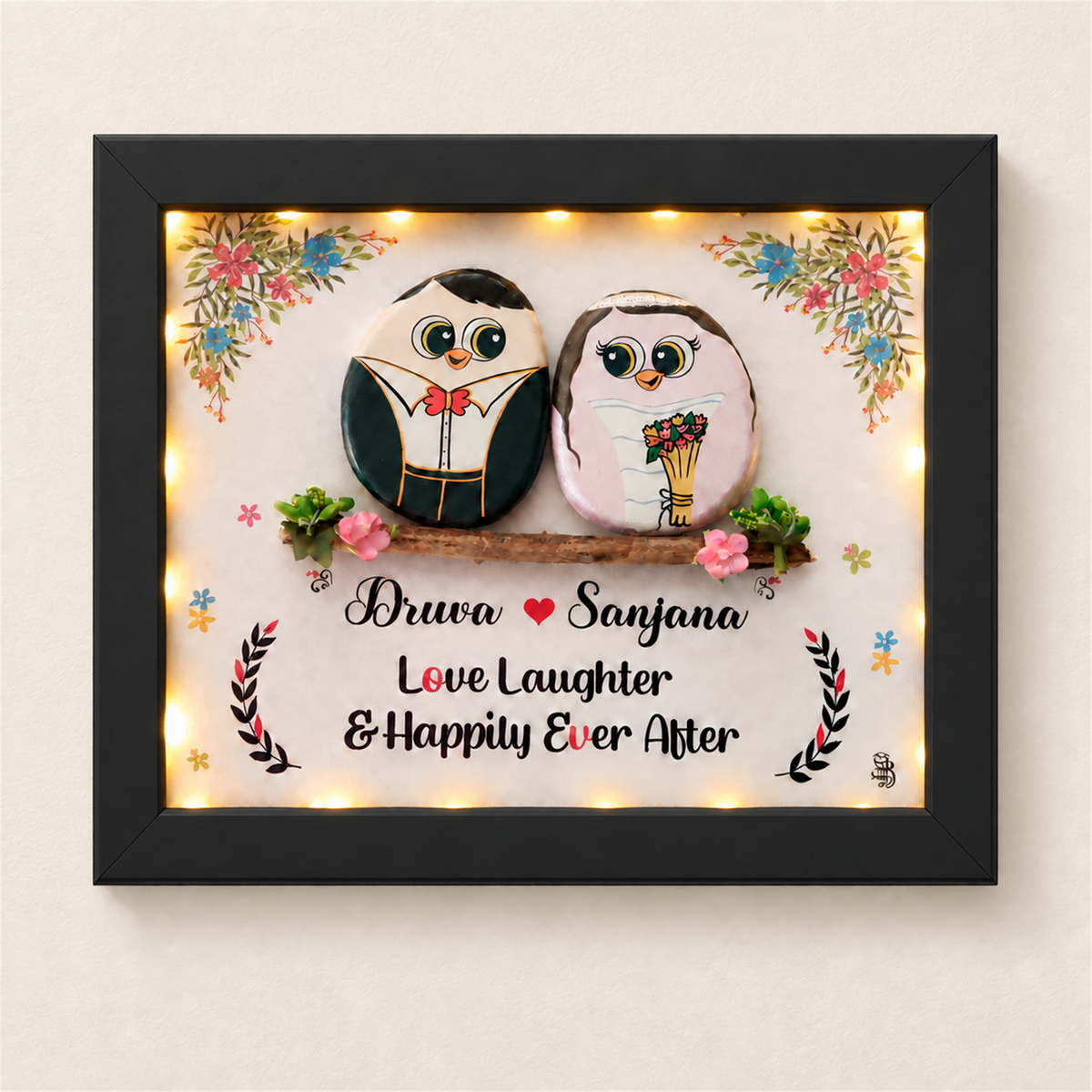 Christian Wedding Gift - Pebble Art Wall Decor for Couples - black frame