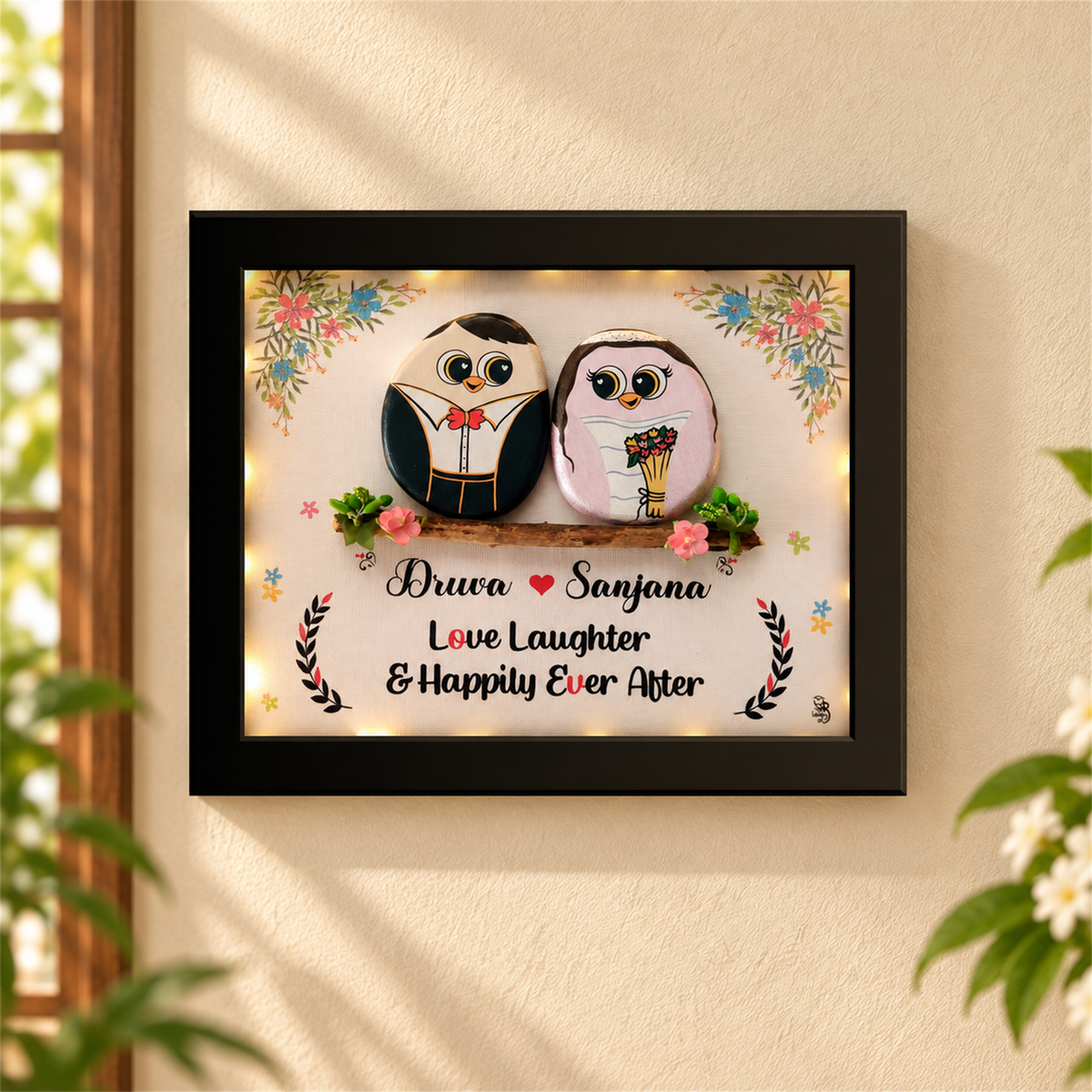 Christian Wedding Gift - Pebble Art Wall Decor for Couples - black frame