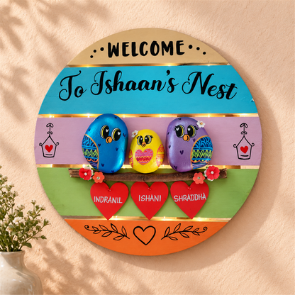 Colourburst Family of 3, three colourful birds on a bright round nameplate, in a home setting