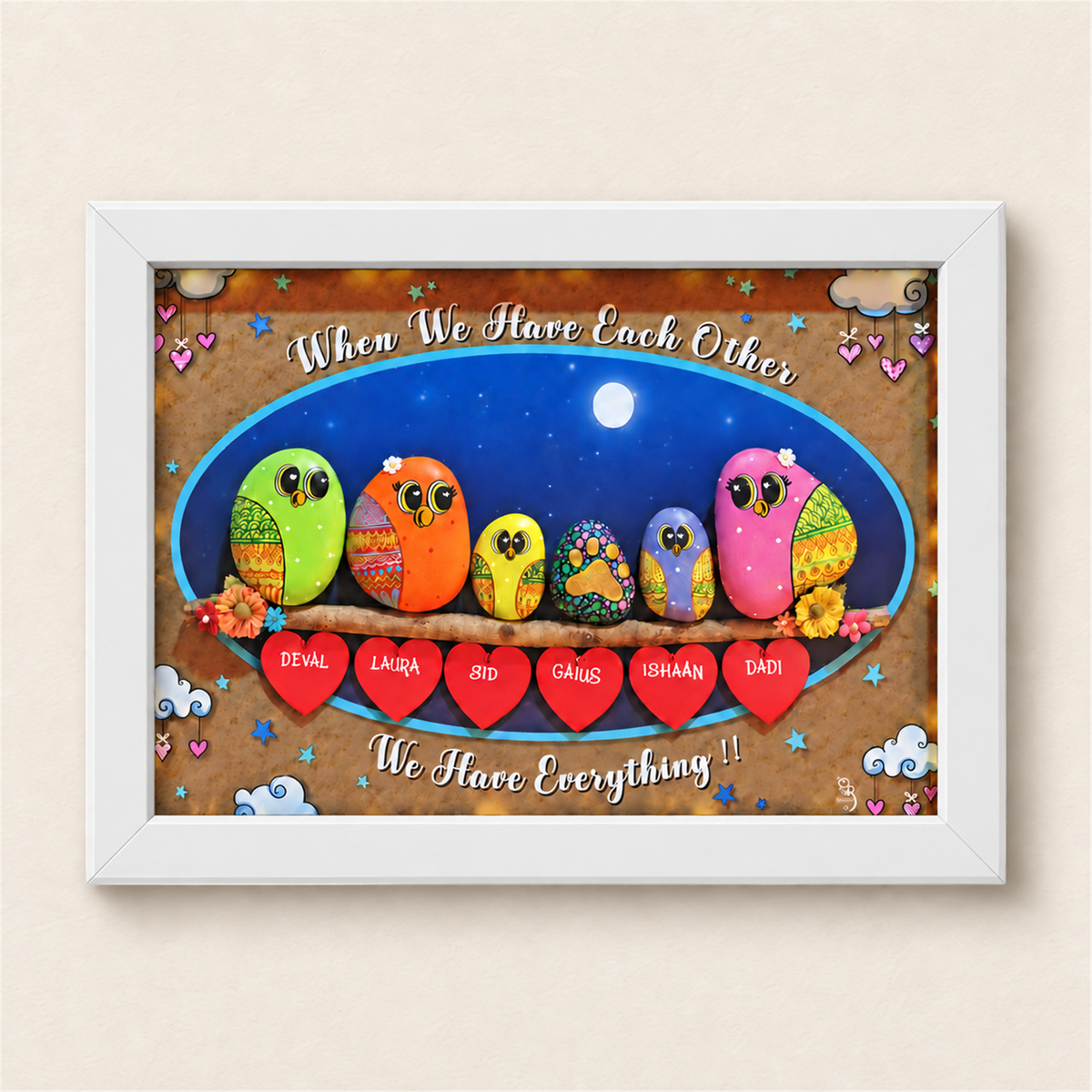 Cozy Pet-Inspired Home Pebble Art - white frame