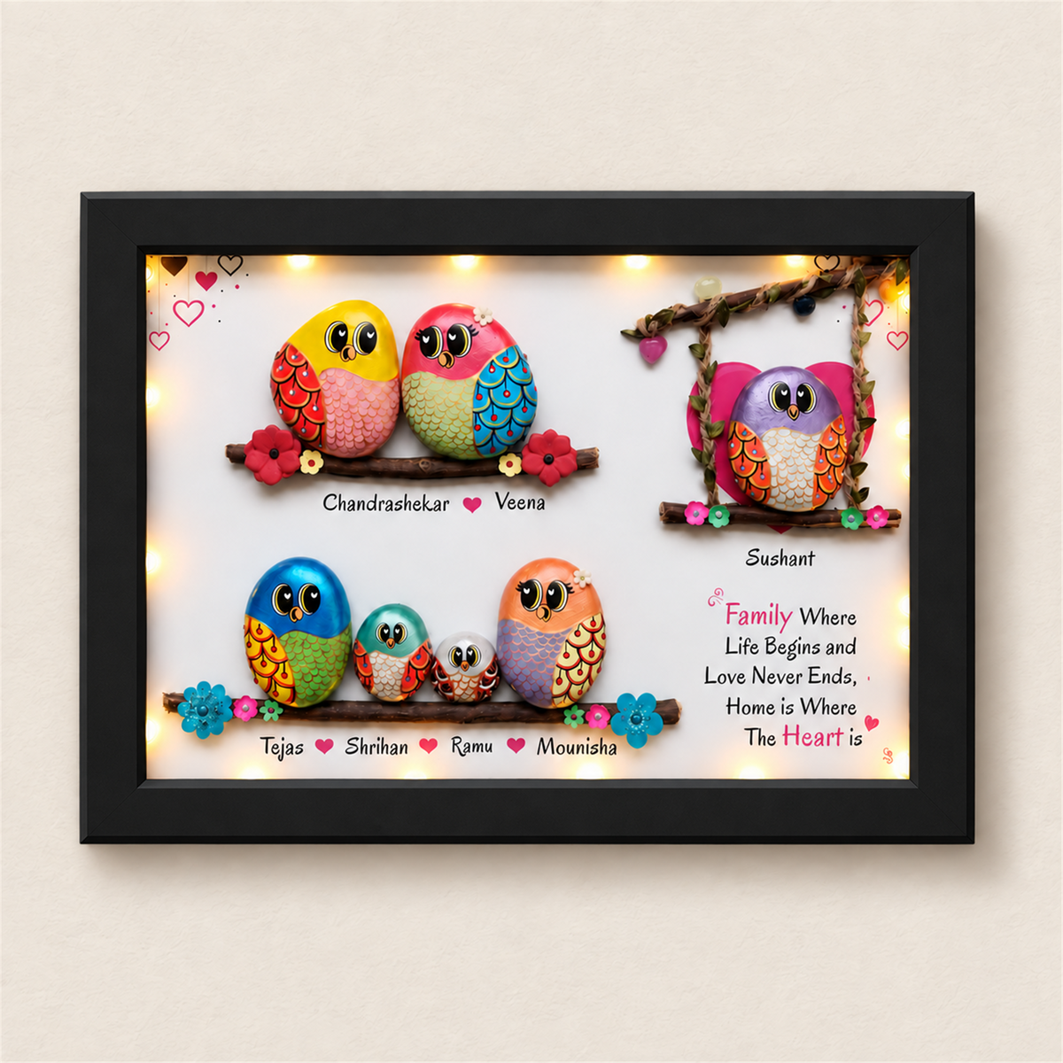 Cradled in Love - Family of 7 Pebble Art Wall Decor - black frame
