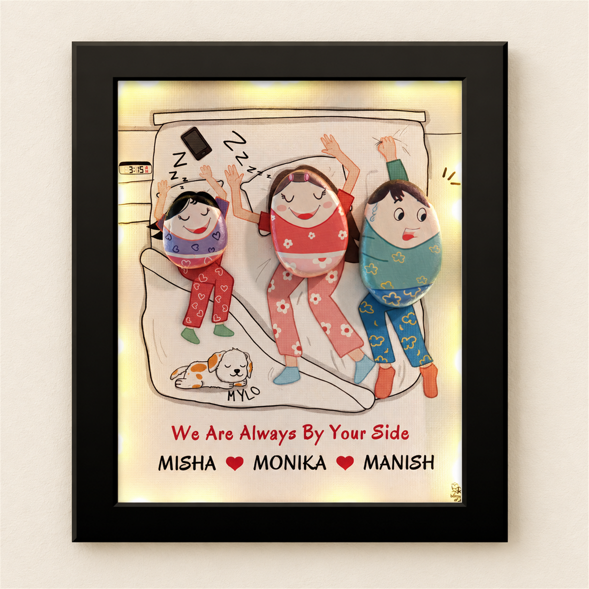Daddy on Duty: a playful pebble family scene with a bed and a pet, black frame, on a beige background