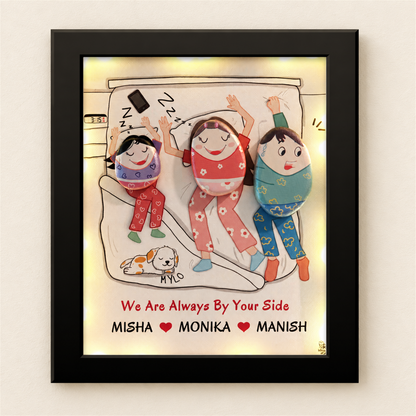 Daddy on Duty: a playful pebble family scene with a bed and a pet, black frame, on a beige background