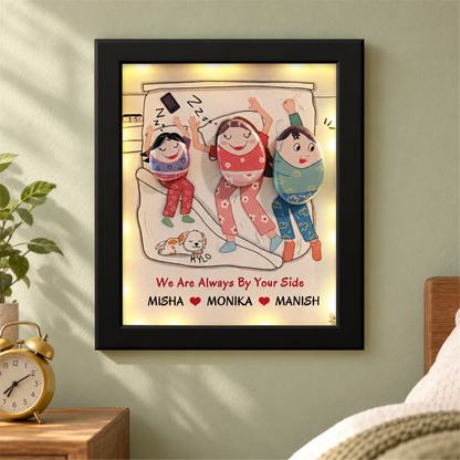 Daddy on Duty, a playful pebble family scene with a bed and a pet, in a home setting