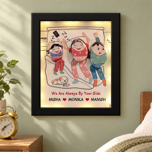 Daddy on Duty, a playful pebble family scene with a bed and a pet, in a home setting