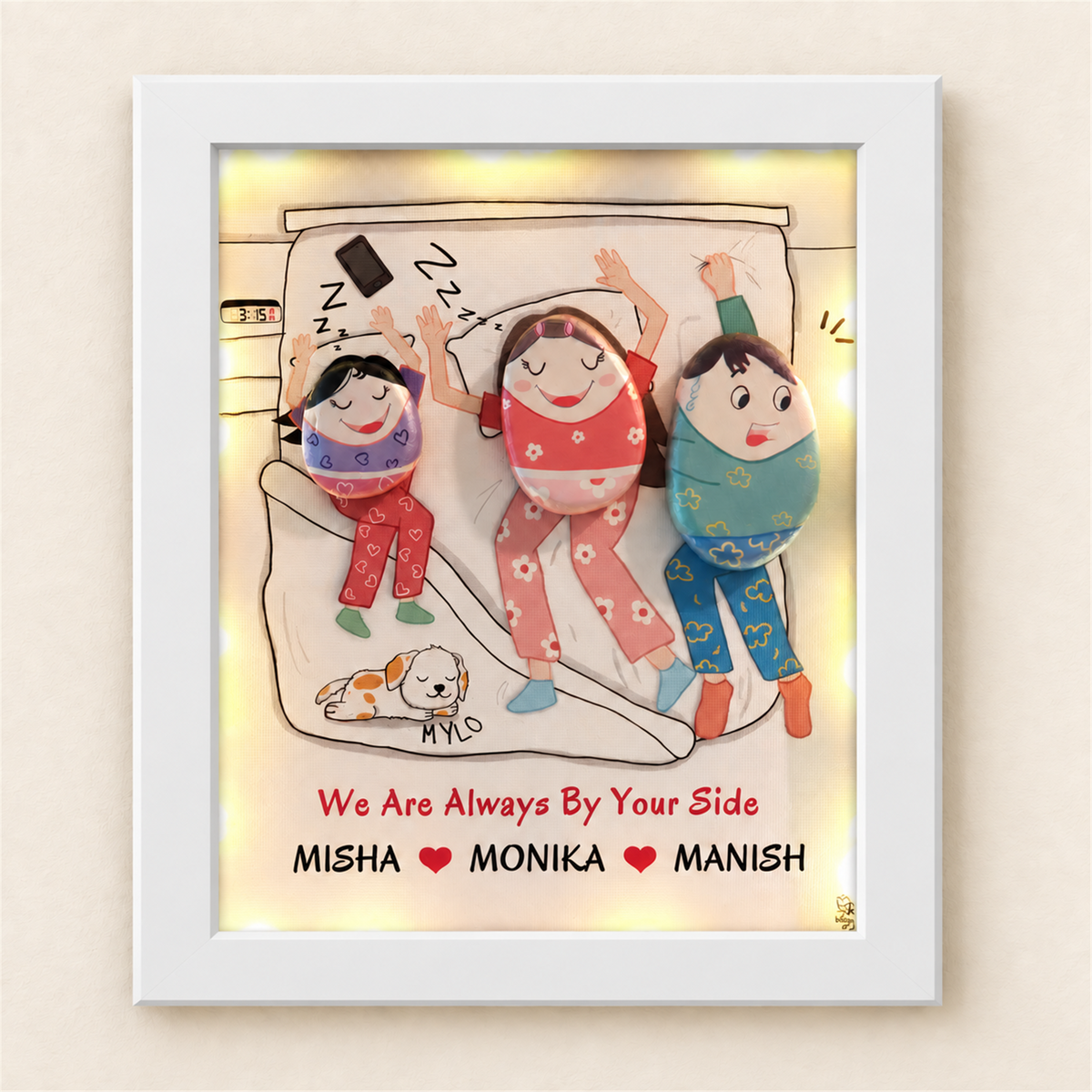 Daddy on Duty: a playful pebble family scene with a bed and a pet, white frame, on a beige background