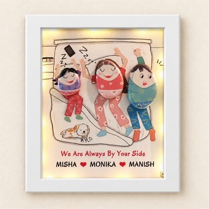 Daddy on Duty: a playful pebble family scene with a bed and a pet, white frame, on a beige background
