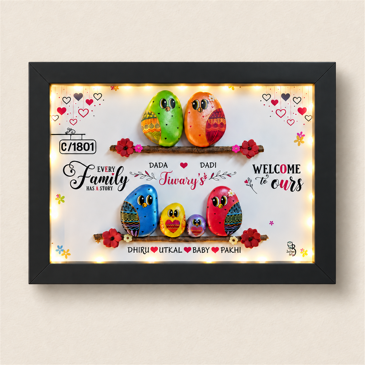 Every Family Has a Story: Family of Six Pebble Art - black frame