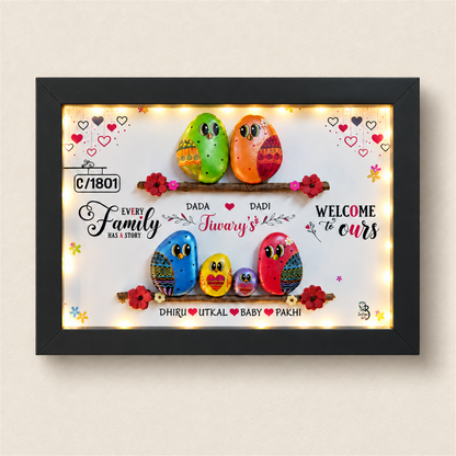 Every Family Has a Story: Family of Six Pebble Art - black frame