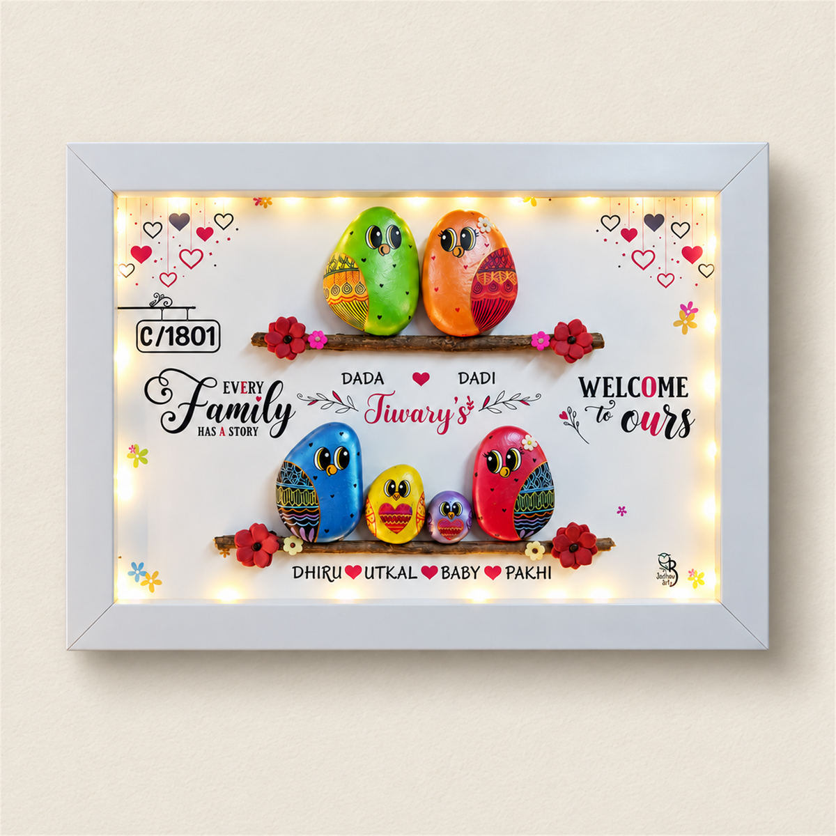 Every Family Has a Story: Family of Six Pebble Art - white frame