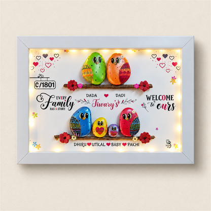 Every Family Has a Story: Family of Six Pebble Art - white frame