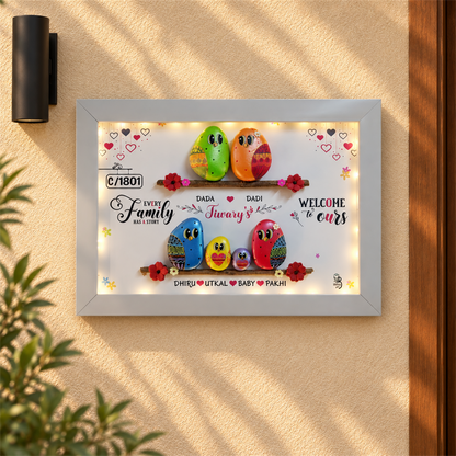 Every Family Has a Story: Family of Six Pebble Art - white frame