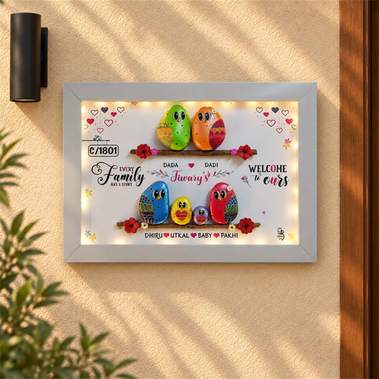 Every Family Has a Story: Family of Six Pebble Art - white frame