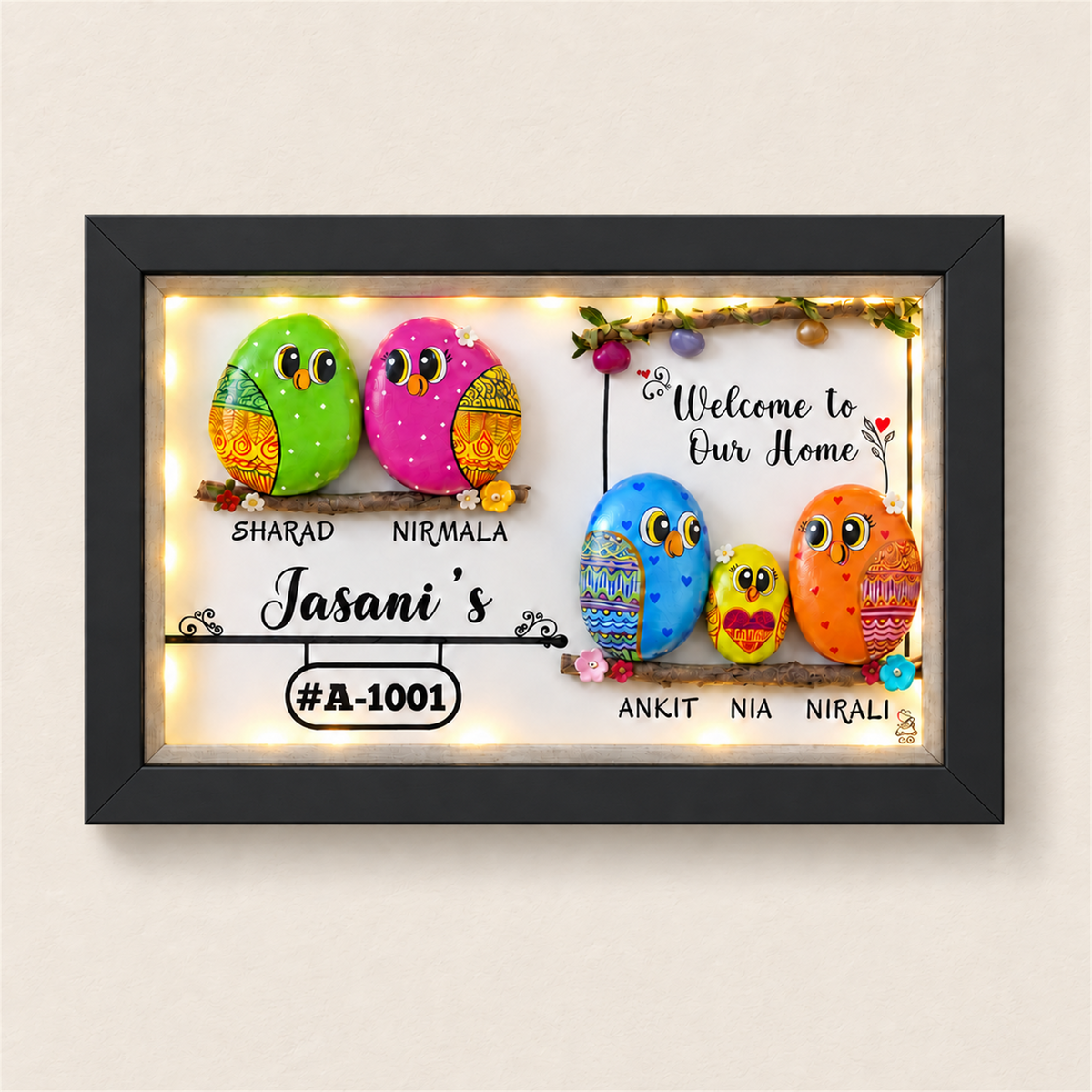 Family Bliss Haven Family of 5 Pebble Art - black frame