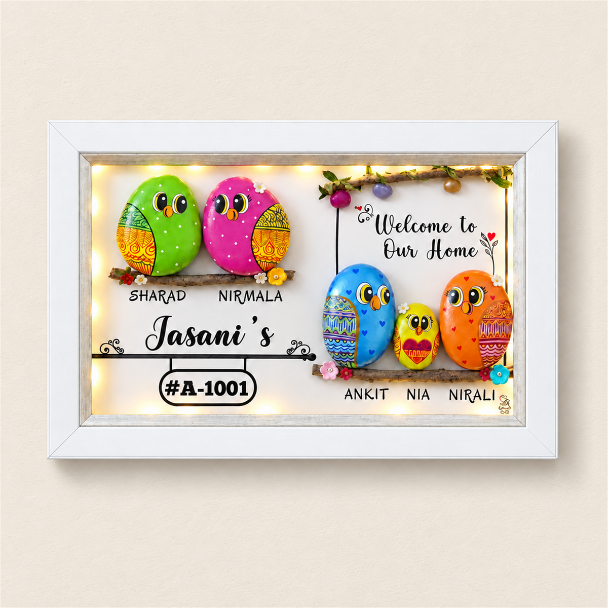 Family Bliss Haven Family of 5 Pebble Art - white frame