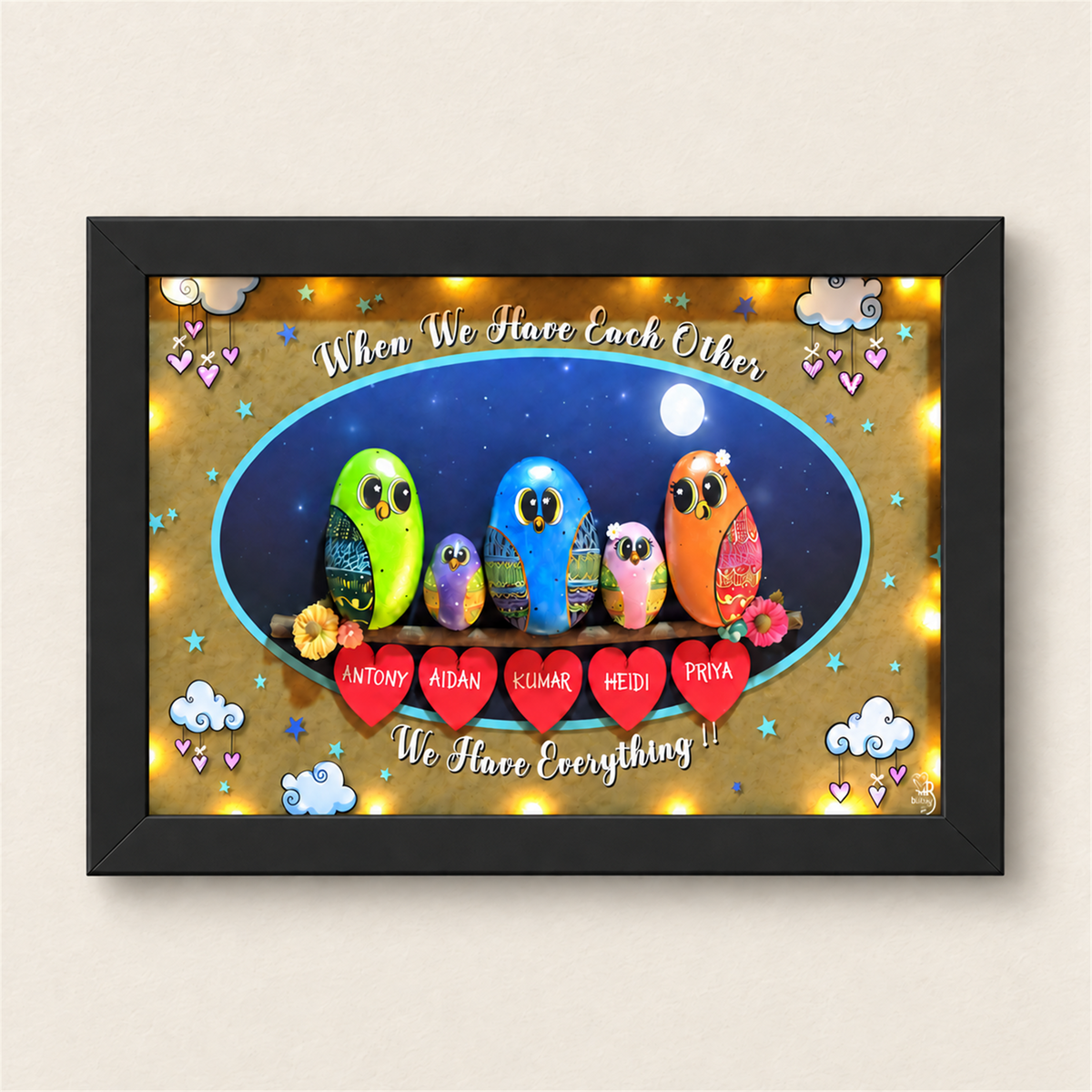 Family Bliss Pebble Art - black frame