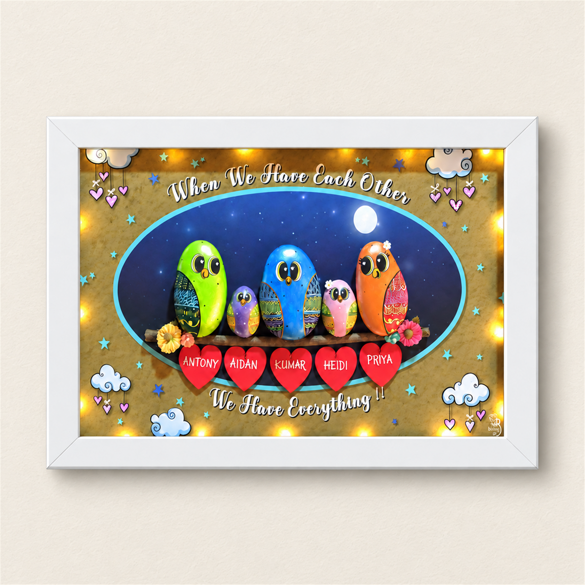 Family Bliss Pebble Art - white frame