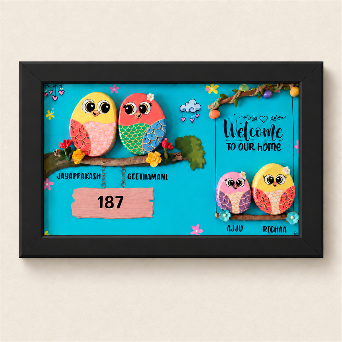Family Moments Pebble Art - black frame