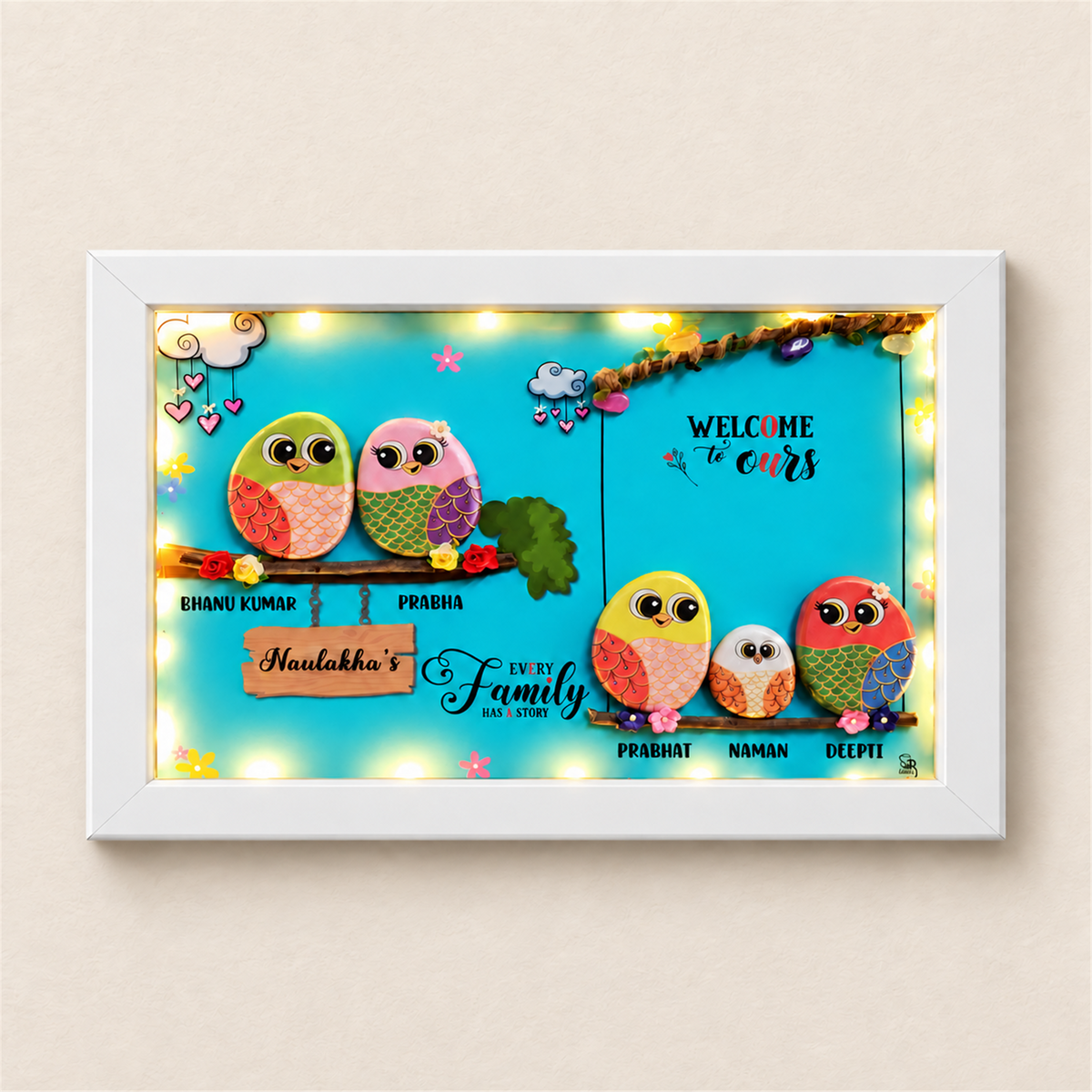 Family of 5 with Pet - white frame