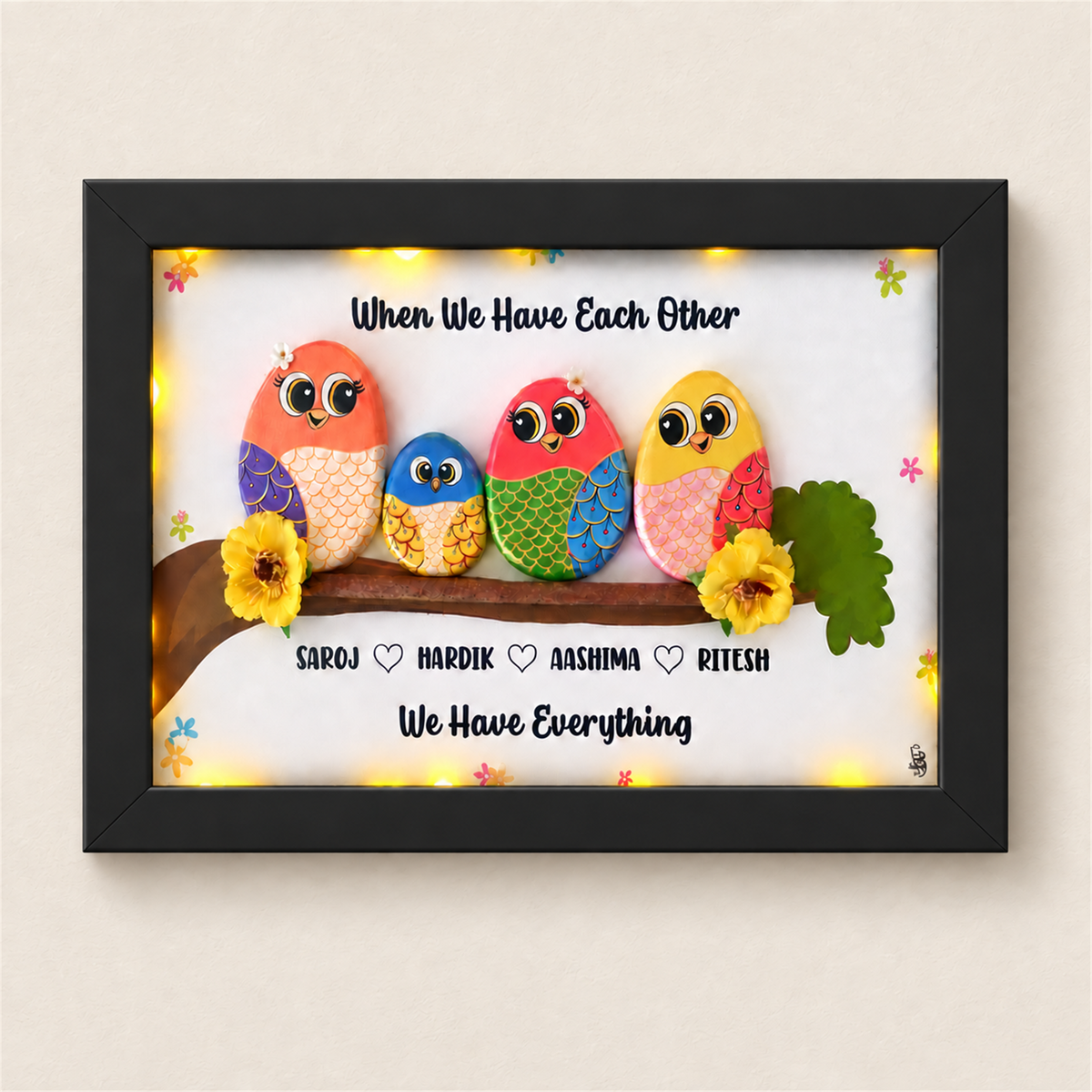 Happy Family of 4 Pebble Art - Handcrafted Wall Decor - black frame