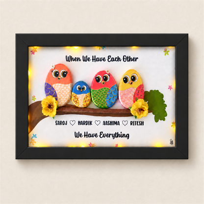 Happy Family of 4 Pebble Art - Handcrafted Wall Decor - black frame