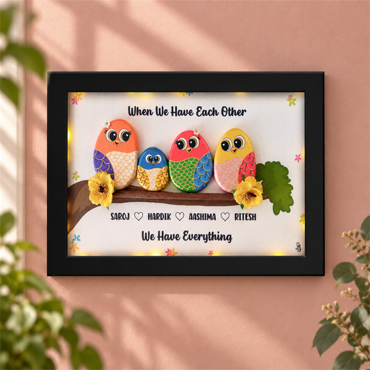 Happy Family of 4 Pebble Art - Handcrafted Wall Decor - black frame