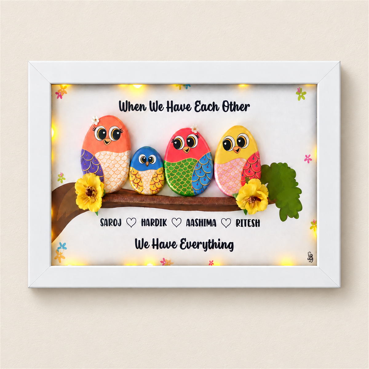 Happy Family of 4 Pebble Art - Handcrafted Wall Decor - white frame