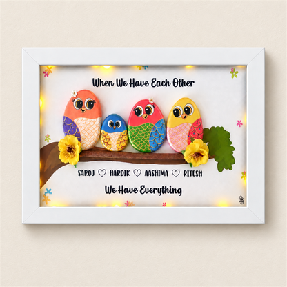 Happy Family of 4 Pebble Art - Handcrafted Wall Decor - white frame