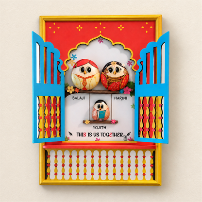 Jharokha Family of 3: three birds in traditional dress inside a red, blue and gold jharokha, on a beige background