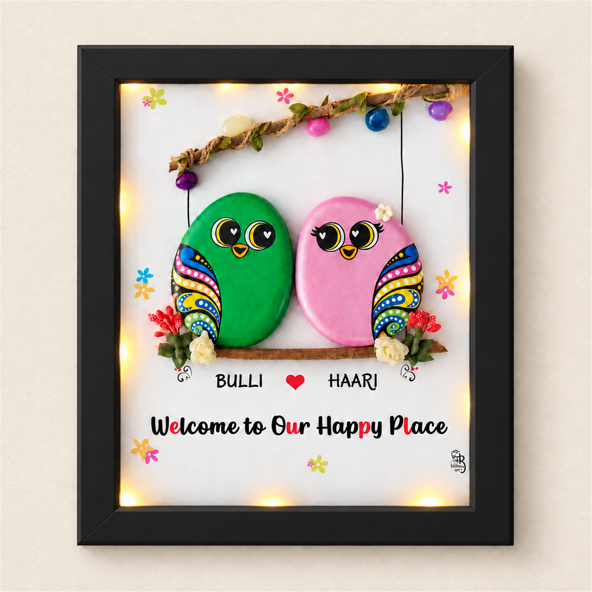 Love Birds Handcrafted Pebble Art Frame - black frame