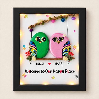 Love Birds Handcrafted Pebble Art Frame - black frame