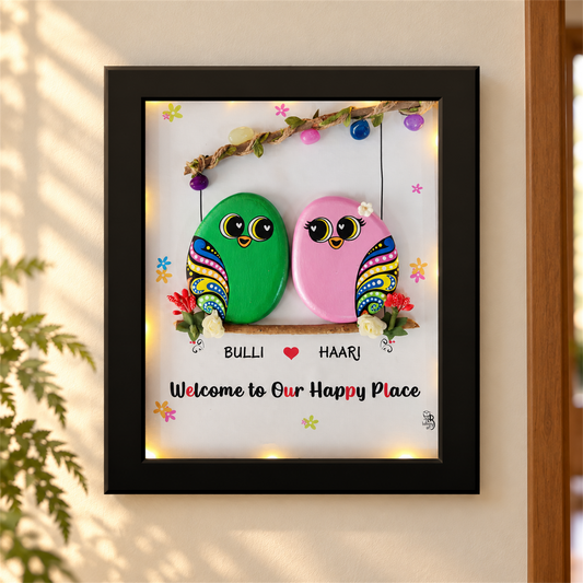 Love Birds Handcrafted Pebble Art Frame - black frame