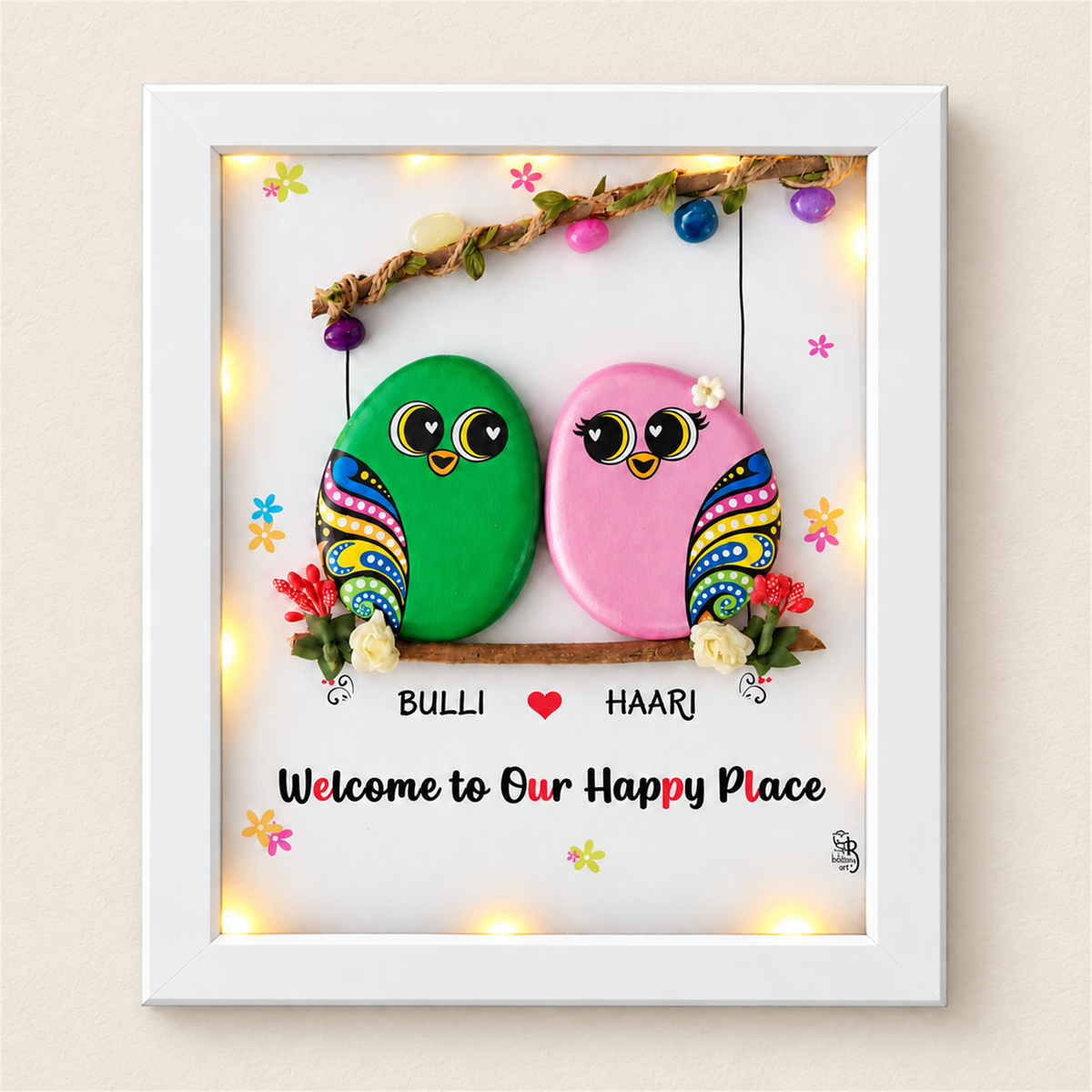 Love Birds Handcrafted Pebble Art Frame - white frame
