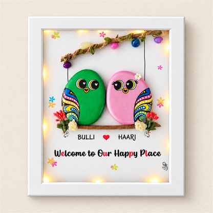 Love Birds Handcrafted Pebble Art Frame - white frame