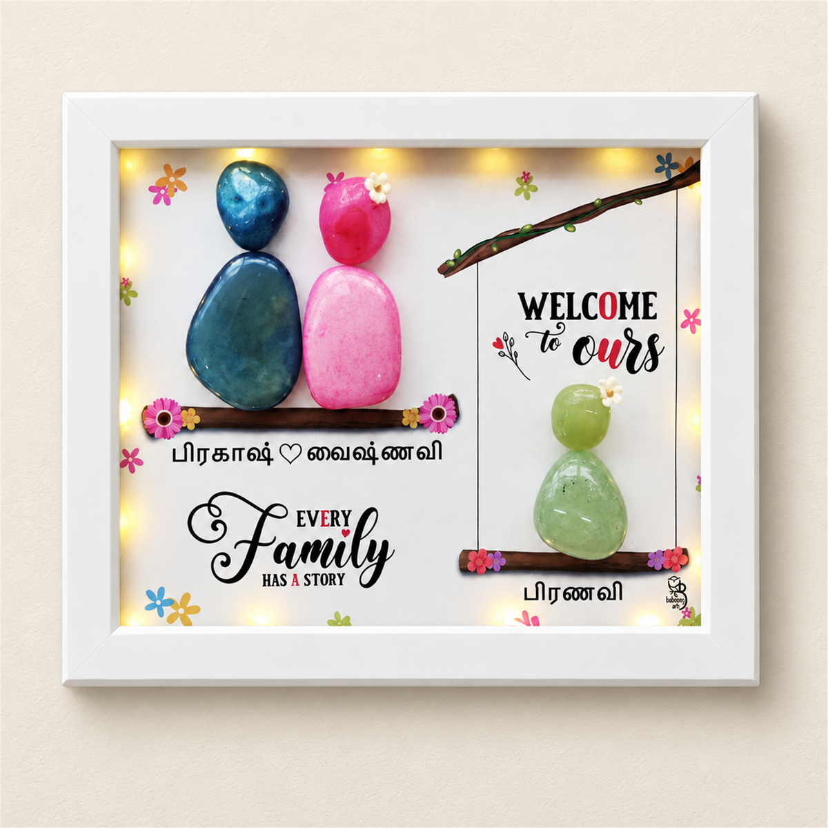 Love Nest Trio Pebble Art Gift: three colourful pebble figures on two branches with a family message, white frame, on a beige background
